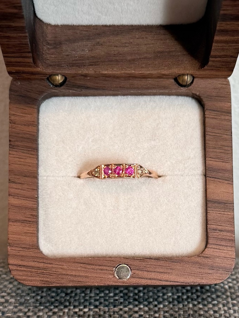 14K Rose Gold Ruby Diamond Art Deco Victorian Ring Sz 7